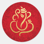 Gold Festive Ganesh | Indian God Damask Red Classic Round Sticker at Zazzle