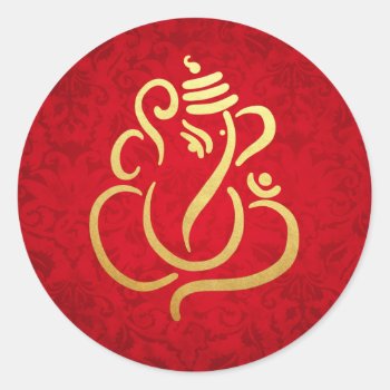 Gold Festive Ganesh | Indian God Damask Red Classic Round Sticker by ohwhynotweddings at Zazzle