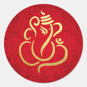 Gold Festive Ganesh   Indian God Damask Red Classic Round Sticker