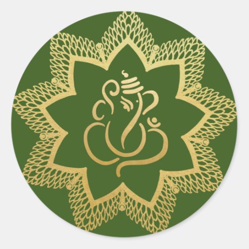 Gold Festive Ganesh  Indian God Green Classic Round Sticker