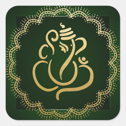 Gold Festive Ganesh  Indian God Green Square Sticker