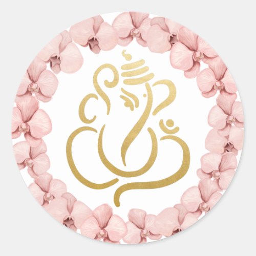 Gold Festive Ganesh  Indian God Pink Orchids Classic Round Sticker