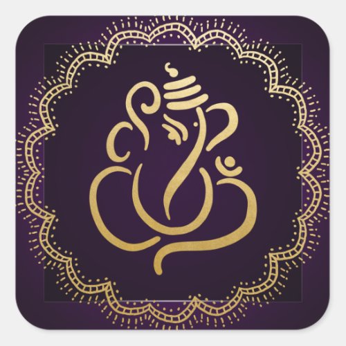 Gold Festive Ganesh  Indian God Purple Square Sticker