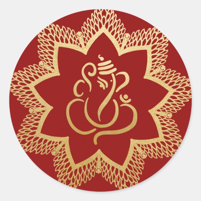 Gold Festive Ganesh | Indian God Red Classic Round Sticker (Front)