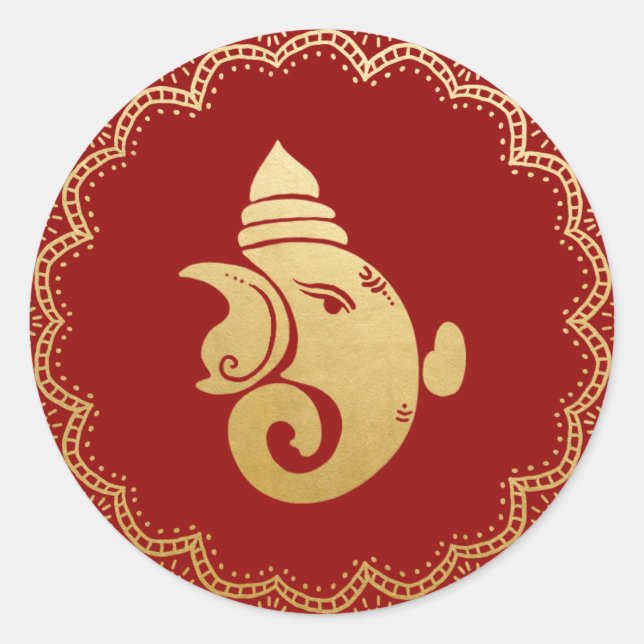Gold Festive Ganesh | Indian God Red Elegant Classic Round Sticker (Front)