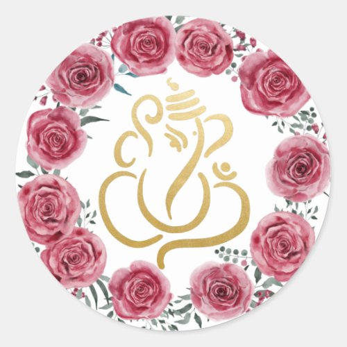 Gold Festive Ganesh Indian God Red Roses Wreath Classic Round Sticker