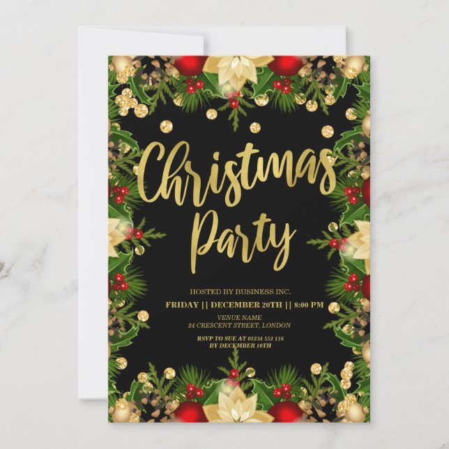 Gold Festive Glitter Christmas Corporate Black Invitation (Front)