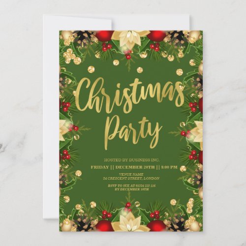 Gold Festive Glitter Christmas Corporate Green Invitation
