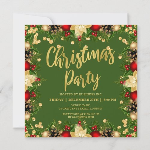 Gold Festive Glitter Christmas Corporate Green Invitation