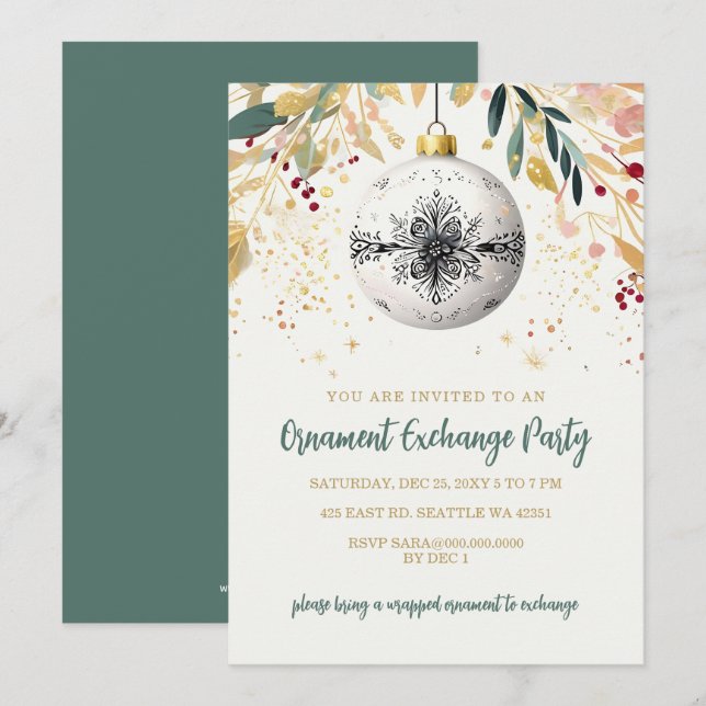 Gold Festive Ornament Exchange Christmas Party Invitation (Front/Back)