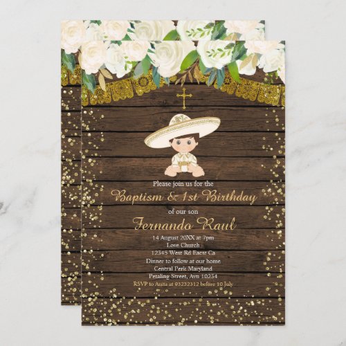 Gold Fiesta Baptism and First Birthday Invitation