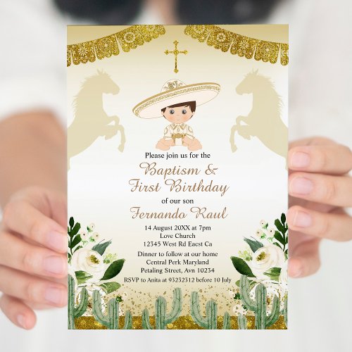 Gold Fiesta Boy Baptism and Birthday Invitation