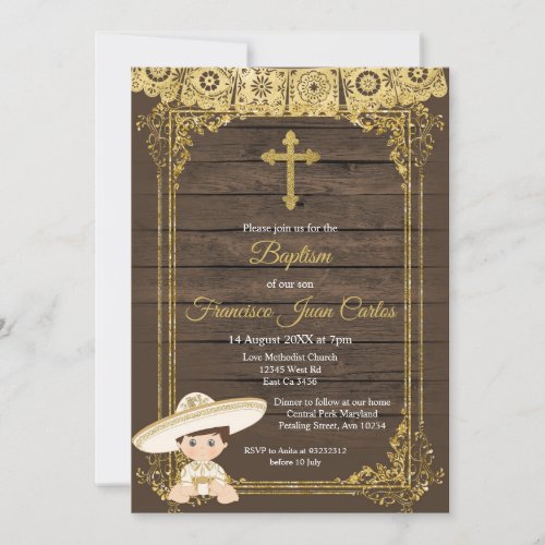 Gold Fiesta Boy Baptism Christening Invitation