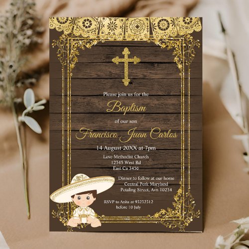 Gold Fiesta Boy Baptism Christening Invitation