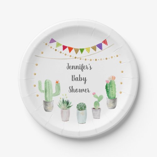 Gold Fiesta Cactus Baby Shower Paper Plates