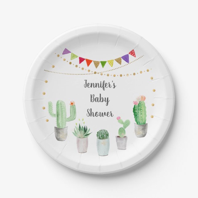 Gold Fiesta Cactus Baby Shower Paper Plates (Front)