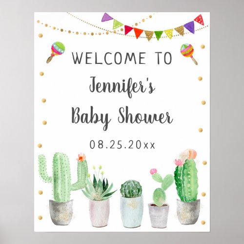 Gold Fiesta Cactus Baby Shower Welcome Poster