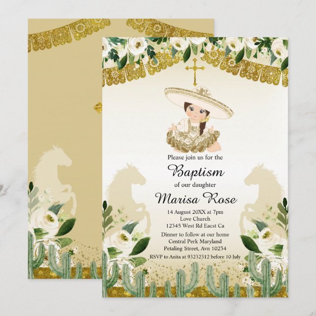 Gold Fiesta Girl Baptism Christening Invitation (Front/Back)