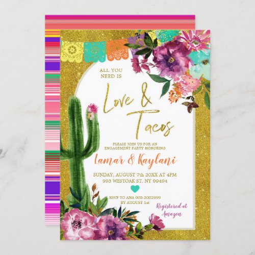 Gold Fiesta Love and Tacos Engagement Party Invitation