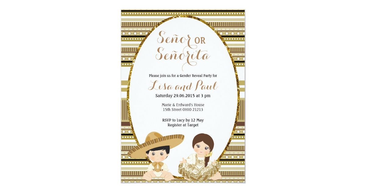 Gold Fiesta Señor or Señorita Gender Reveal Invitation