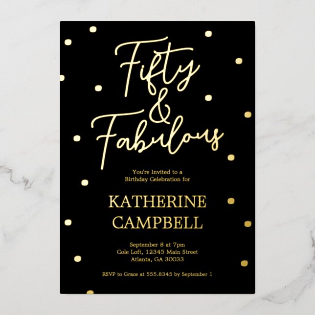Gold Fifty and Fabulous Script 50th Birthday  Foil Invitation (Front)