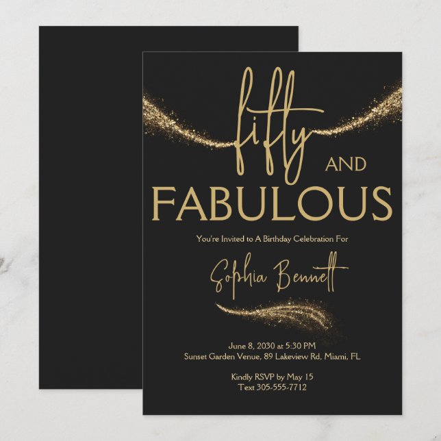 Gold Fifty and Fabulous Script 50th Birthday Party Invitation (Front/Back)