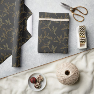 Gold Filigree Art Deco Crane Charcoal Gray Wrapping Paper