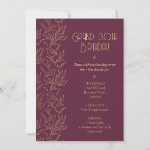 Gold Filigree Art Deco Fairy Wren 30th Birthday Invitation