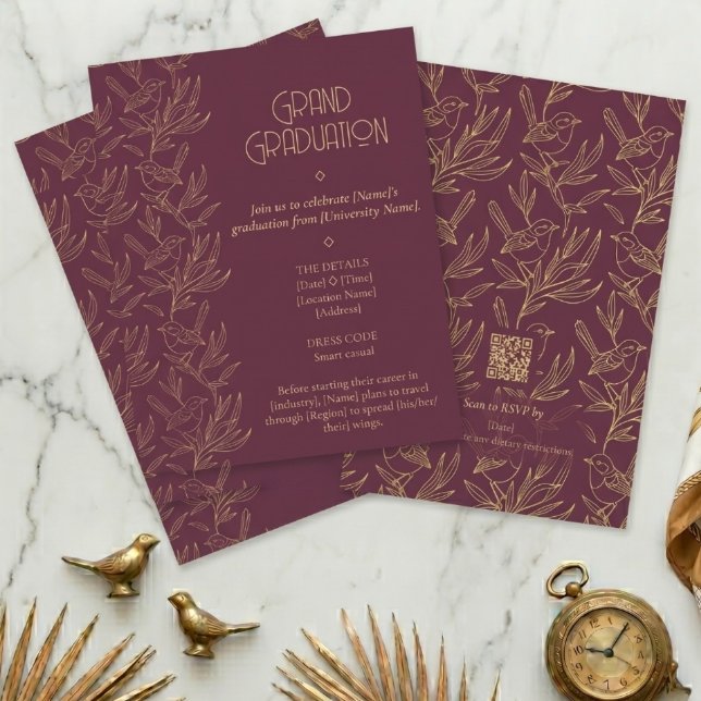 Gold Filigree Art Deco | Fairy Wren Graduation Invitation (Flat Lay)