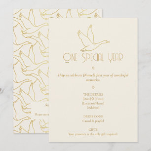 Gold Filigree Art Deco Goose 1st Birthday Invitation