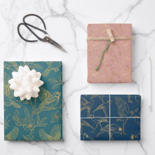 Gold Filigree Art Deco Nordic Bloom Birds Set of Wrapping Paper Sheets
