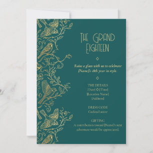 Gold Filigree Art Deco Sparrow 18th Birthday Invitation