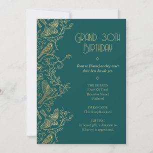 Gold Filigree Art Deco   Sparrow 30th Birthday Invitation