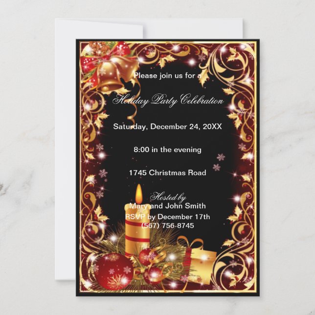 Gold Filigree Bells Candles Christmas Party Invite (Front)