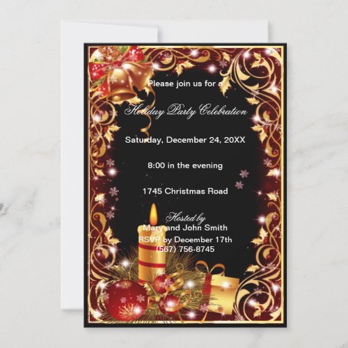 Gold Filigree Bells Candles Christmas Party Invite