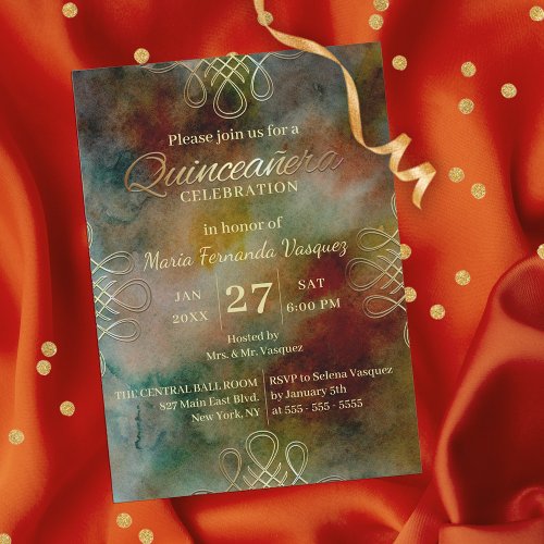 Gold Filigree Border Dreamy Watercolor Quinceaera Invitation