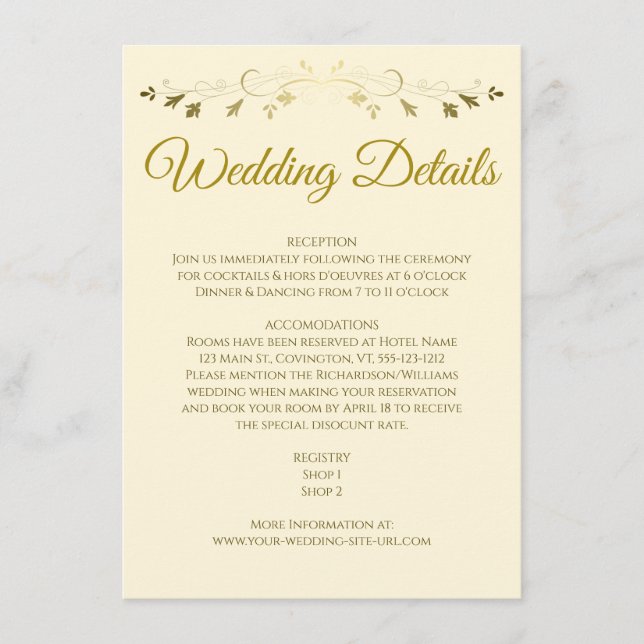 Gold Filigree Border Elegant Cream Wedding Details Enclosure Card (Front)