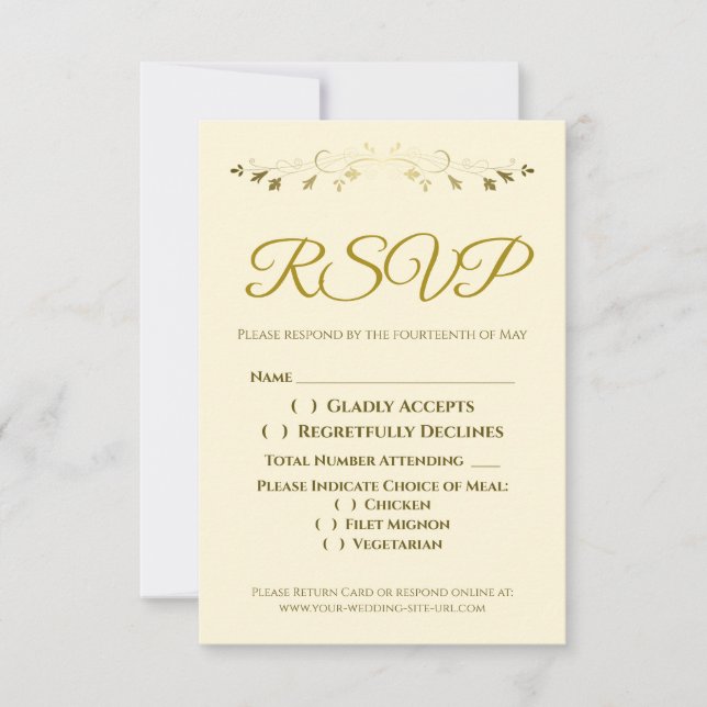 Gold Filigree Border Elegant Cream Wedding RSVP (Front)