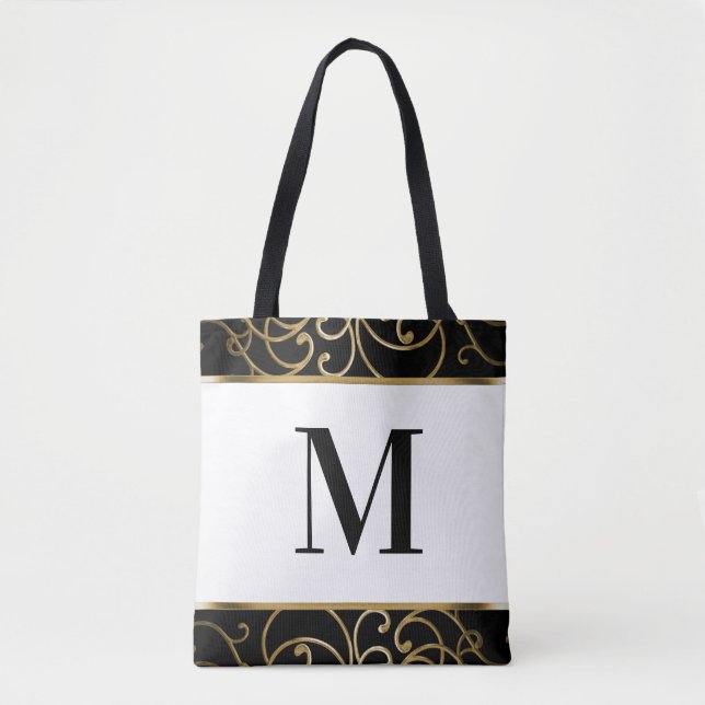 Gold Filigree Border Monogrammed Tote Bag (Front)