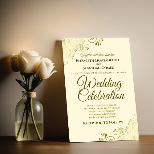 Gold Filigree Chic Elegant Formal Cream Wedding Invitation