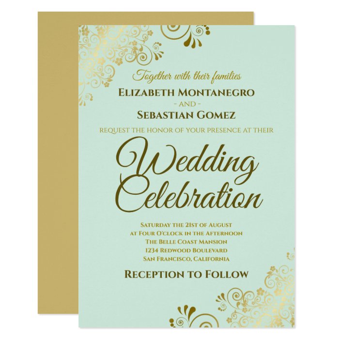 Gold Filigree Chic Elegant Neo Mint Green Wedding Invitation Zazzle Com