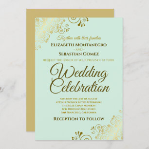 Gold Filigree Chic Elegant Neo Mint Green Wedding Invitation