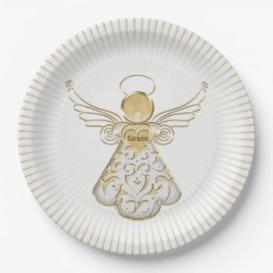 Gold Filigree Christmas Angel of Grace Light Rays Paper Plates