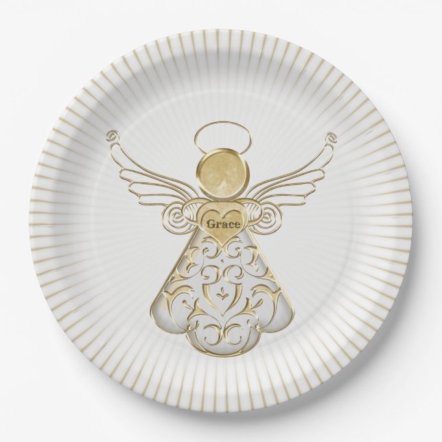 Gold Filigree Christmas Angel of Grace Light Rays Paper Plates (Front)