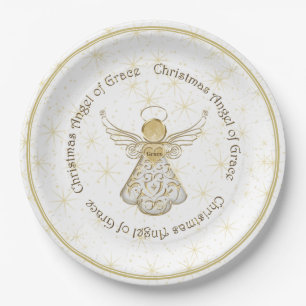 Gold Filigree Christmas Angel of Grace & Stars Paper Plates