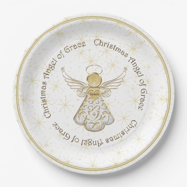 Gold Filigree Christmas Angel of Grace & Stars Paper Plates (Front)