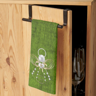 Gold Filigree Christmas Angel of Joy Green Kitchen Towel