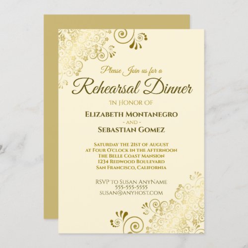 Gold Filigree Cream Wedding Rehearsal Dinner Invitation