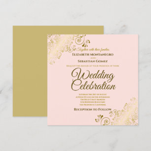 Gold Filigree Elegant Blush Pink Square Wedding Invitation