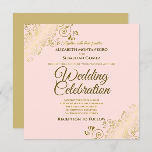 Gold Filigree Elegant Blush Pink Square Wedding Invitation